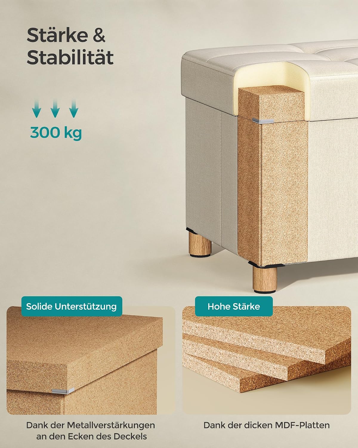 Sitzbank Aufbewahrungsbank 110x38x40 cm Cremeweiss von Songmics