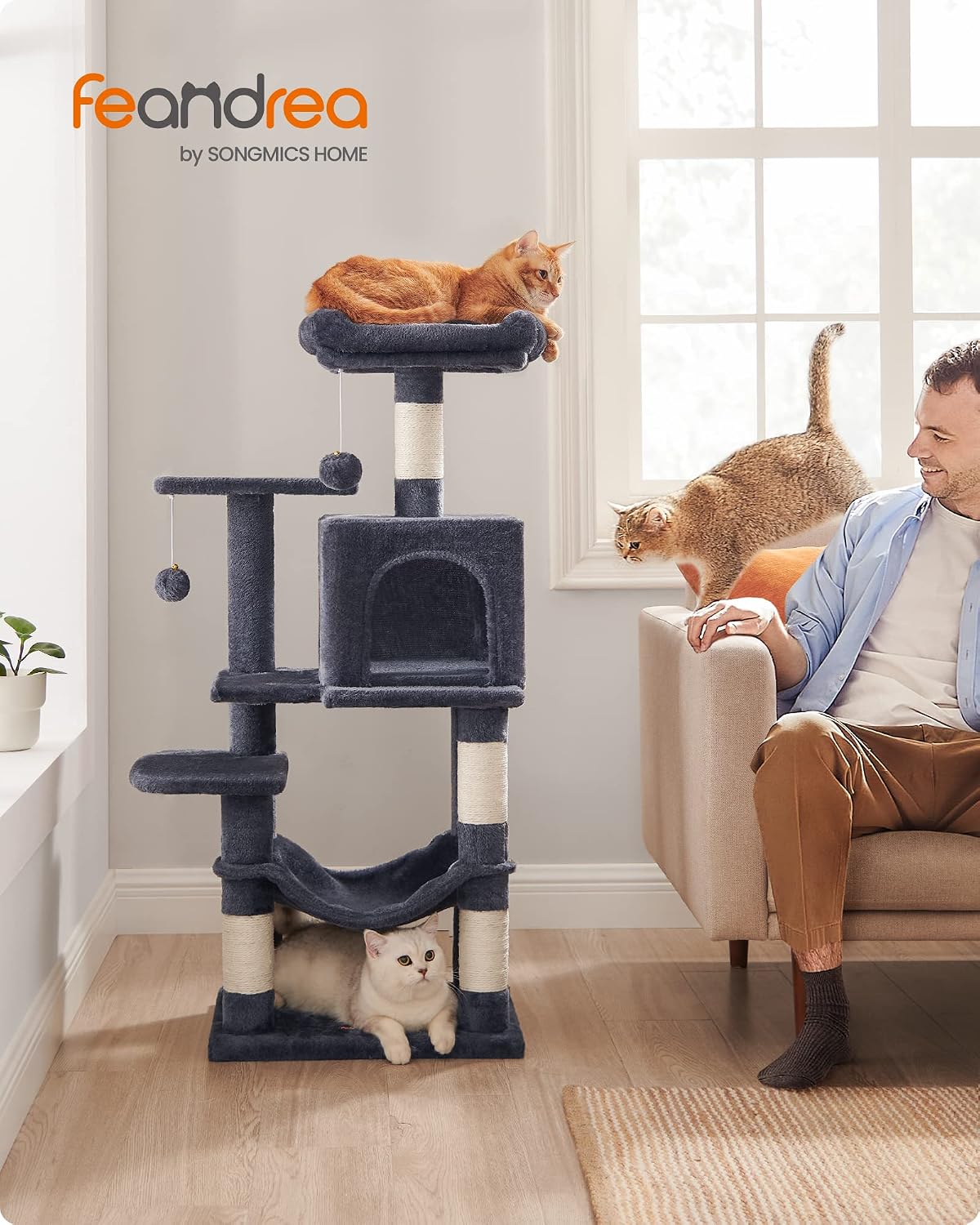 Kratzbaum 112 cm Katzenbaum Rauchgrau für 4 Katzen von Songmics