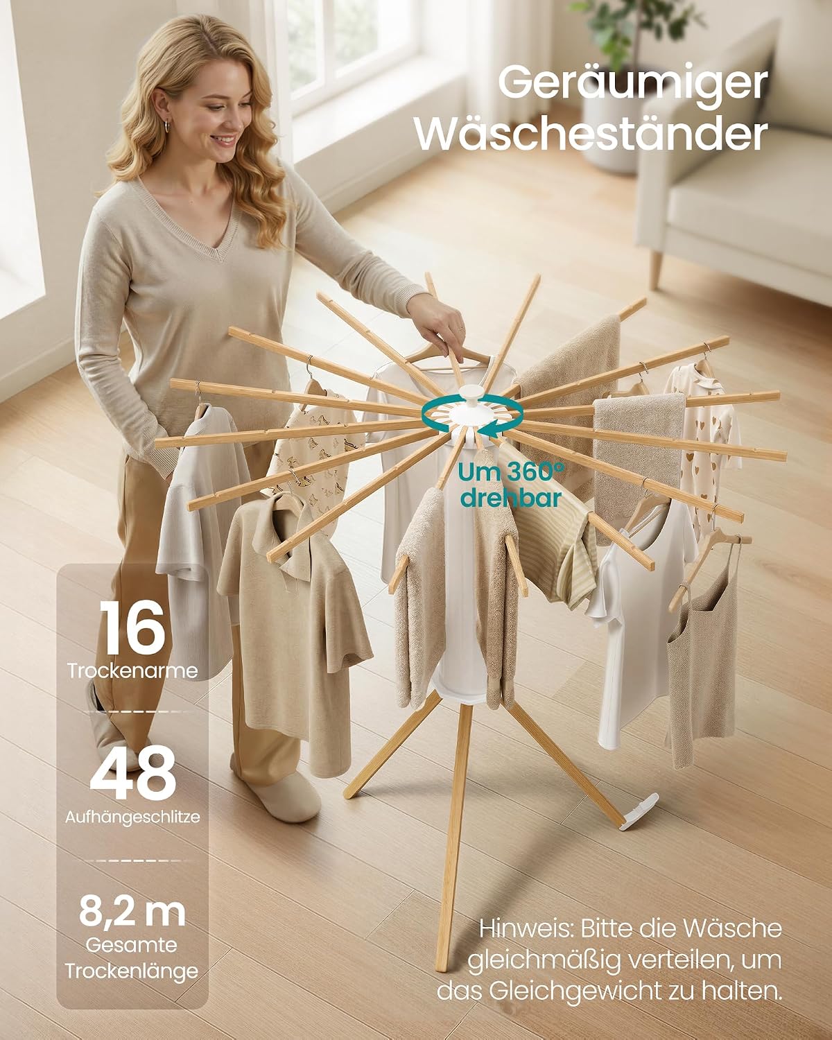 Wäscheständer drehbar 16 Arme Buchenholz 24 kg Natur von Songmics