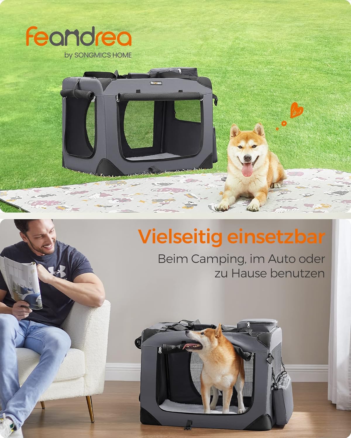 Faltbare Hundebox L 70x52cm Transportbox atmungsaktiv grau von Songmics