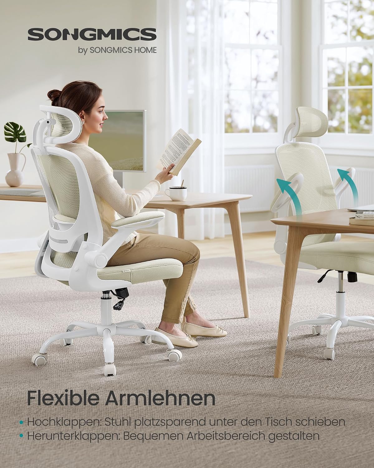 Ergonomischer Bürostuhl Kopfstütze Lendenstütze Beige von Songmics