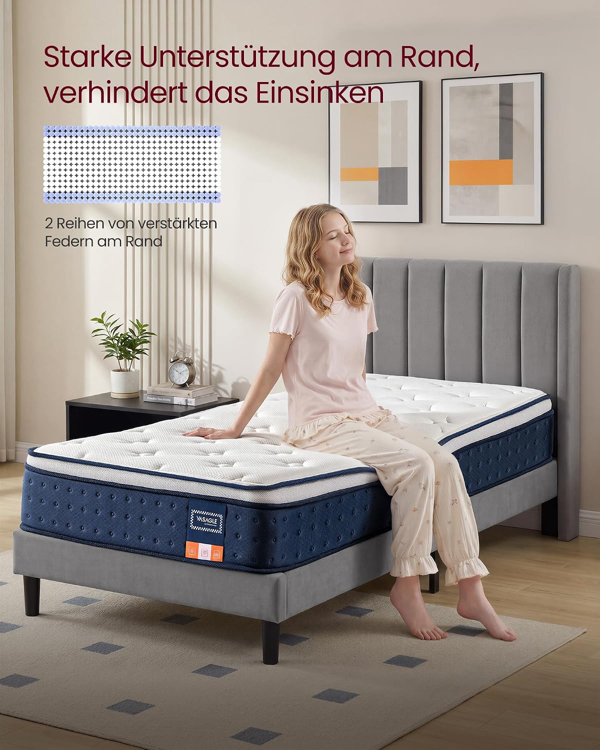 Hybridmatratze 90x200 cm 7 Zonen Taschenfedern Quarzblau von Songmics