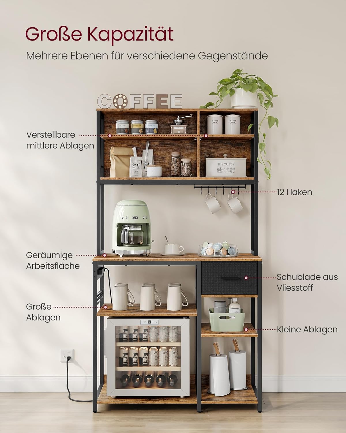Küchenregal mit Steckdosen Standregal verstellbar 180 cm von Songmics