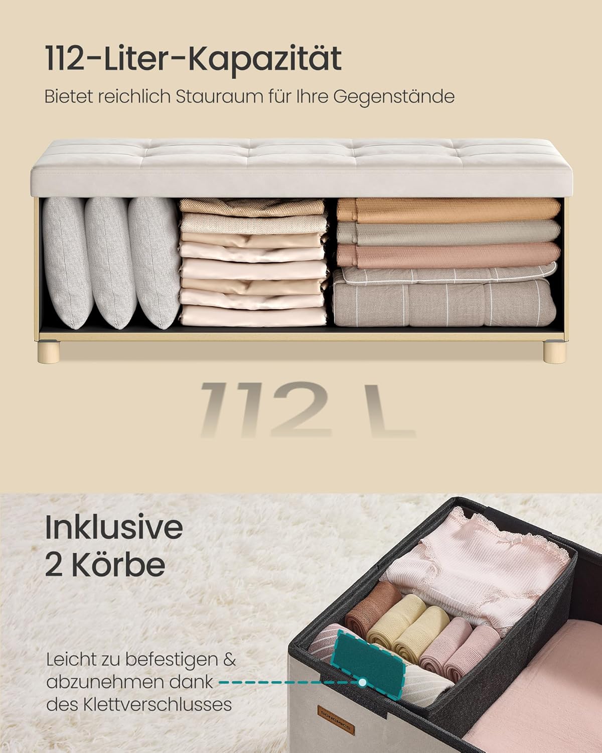 Sitzbank Aufbewahrungsbank 110x38x40 cm Samt Beige von Songmics