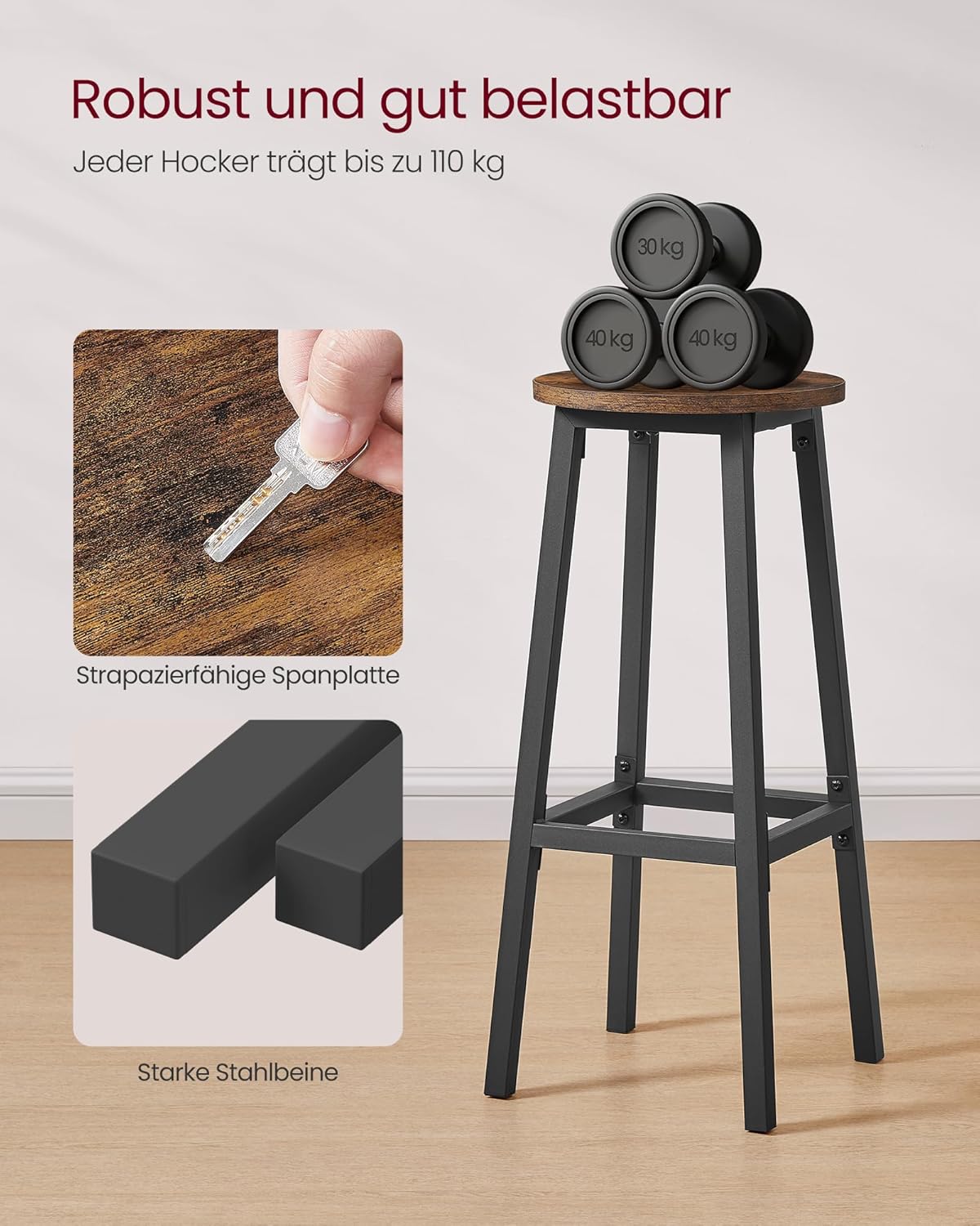 Barhocker 2er Set 74cm Küche Wohnzimmer Fußstütze Metall von Songmics