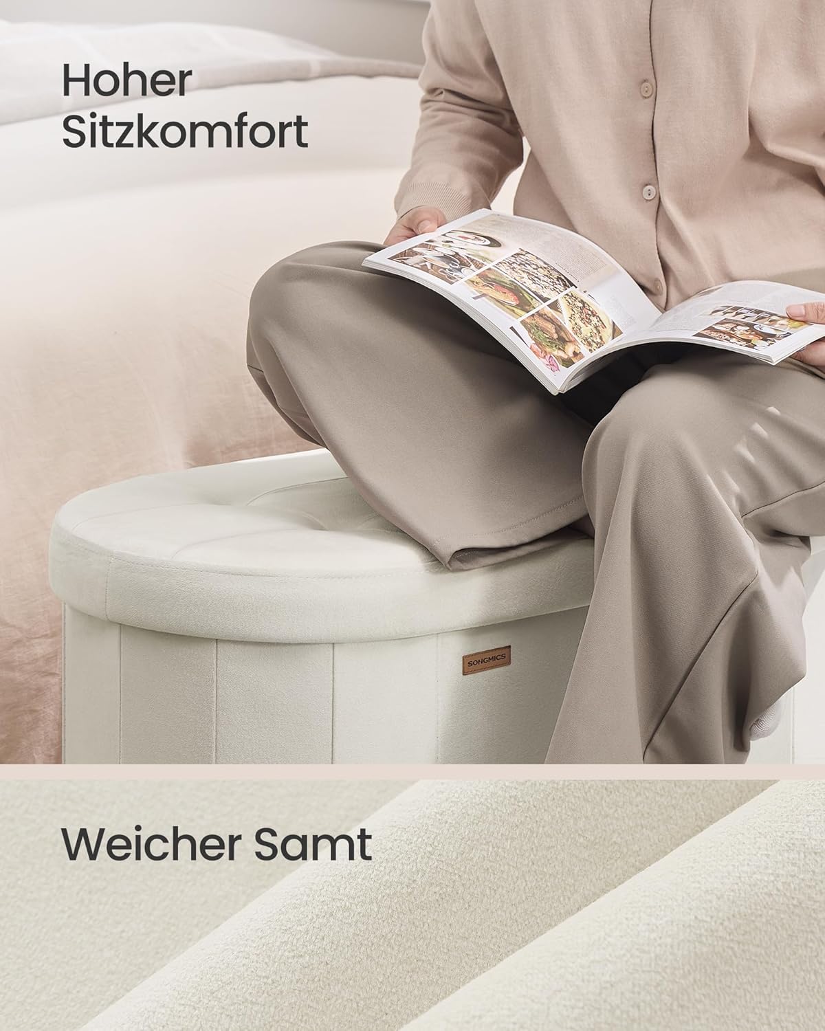 Sitzbank mit Stauraum Samt cremeweiß 110L faltbar 110cm von Songmics