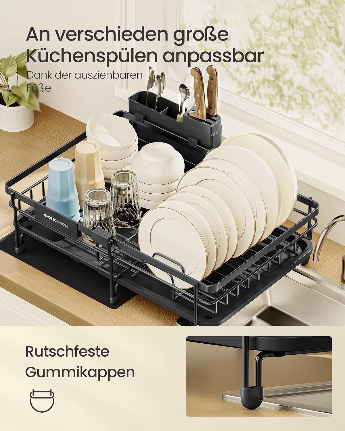 Geschirrabtropfgestell ausziehbar 30-46,5 cm Schwarz von Songmics