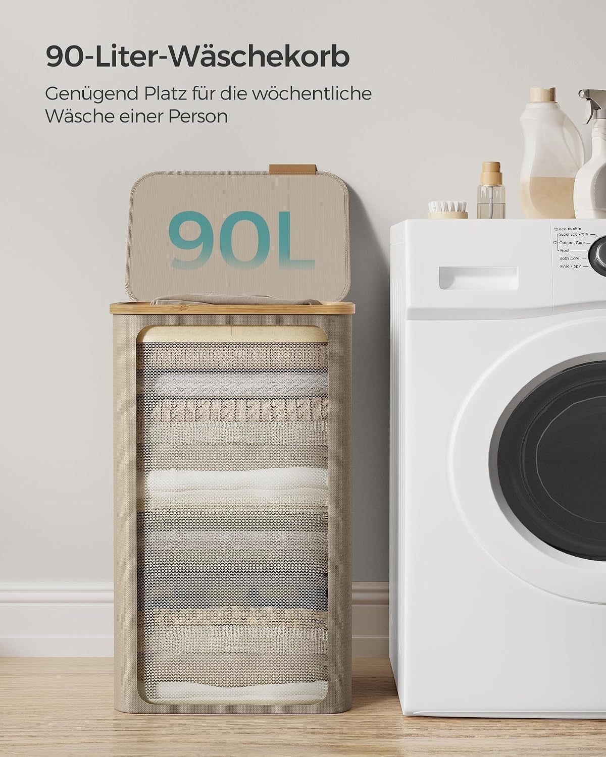 Wäschekorb 90 l mit Deckel faltbar Kamelbraun Beige von Songmics