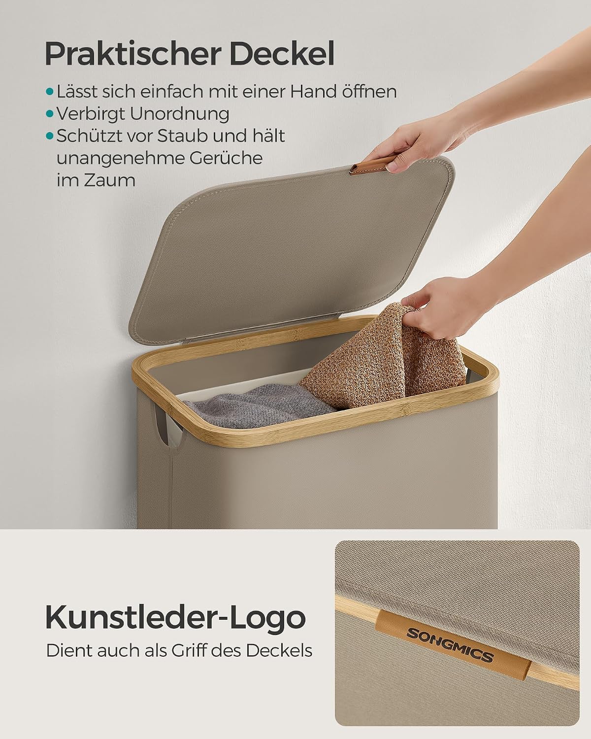 Wäschekorb 90 l mit Deckel faltbar Kamelbraun Beige von Songmics