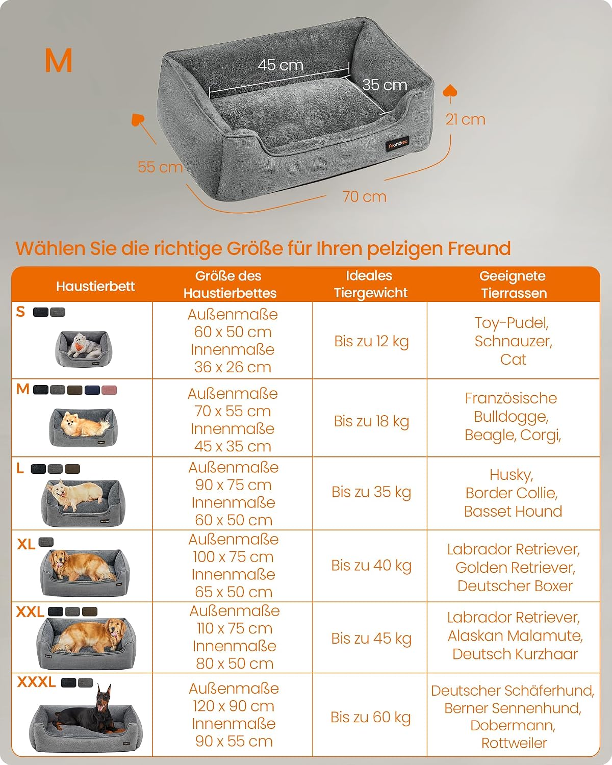 Hundebett 70x55x21 cm Hundesofa Grau rutschfest von Songmics