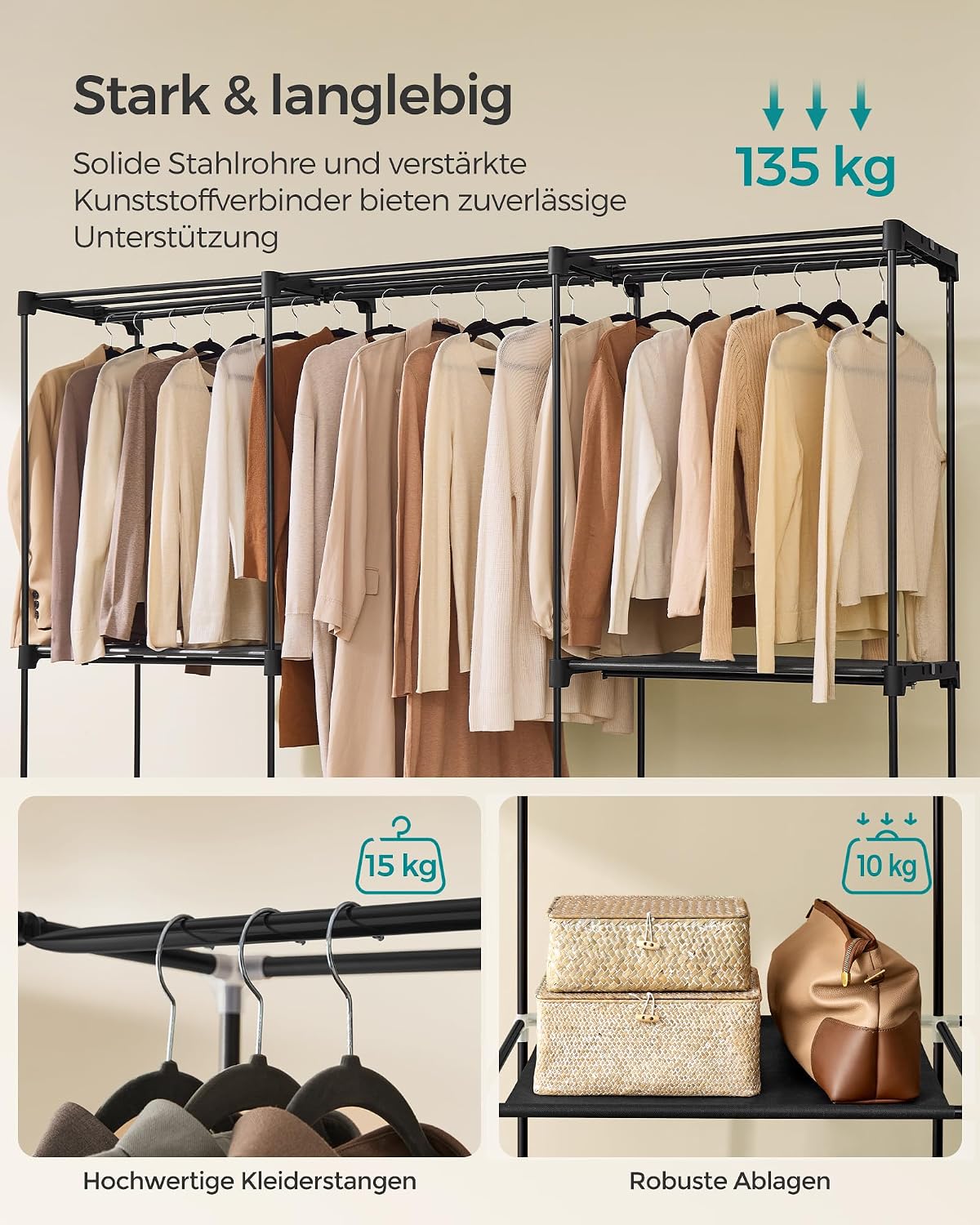 Kleiderschrank offen 205x43x166 cm Schwarz 4 Kleiderstangen von Songmics
