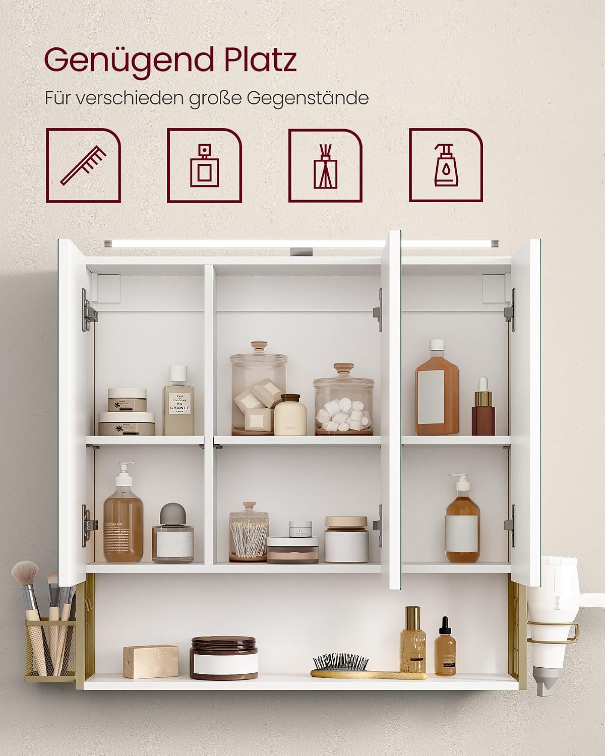 Spiegelschrank Badschrank LED 70x16x70 cm Weiss Gold von Songmics
