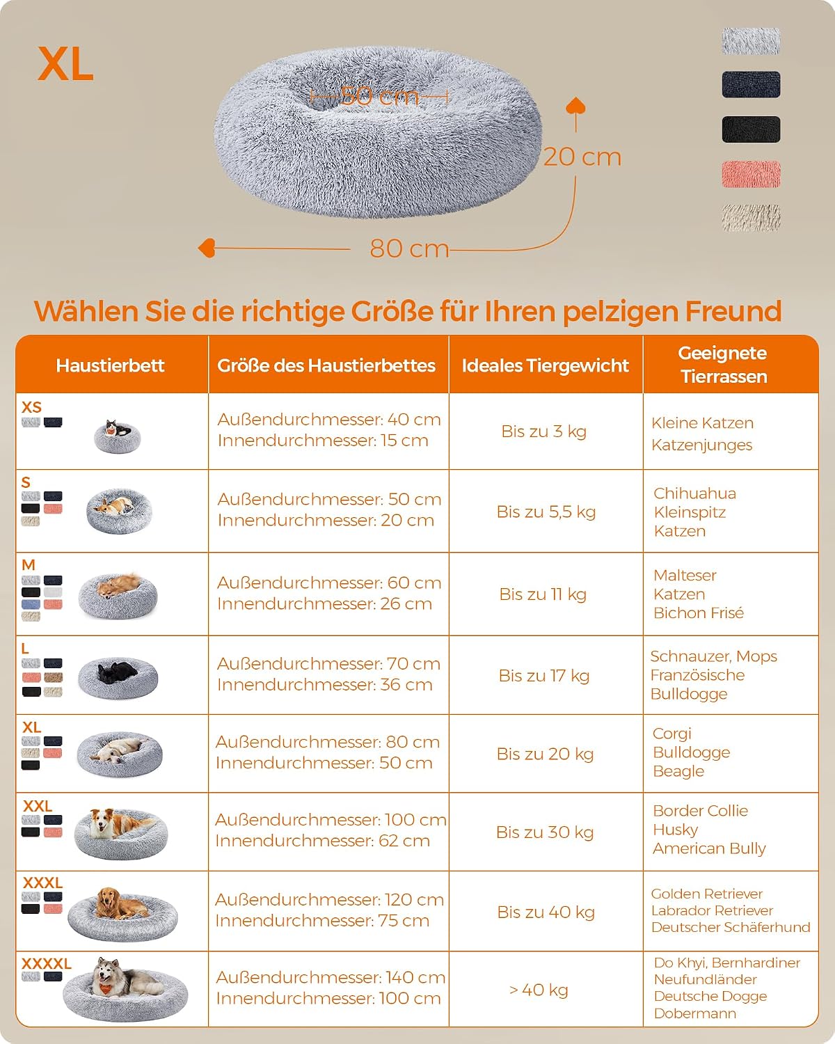 Hundebett Donut 80x80x20 cm Wolkengrau Memory Foam von Songmics