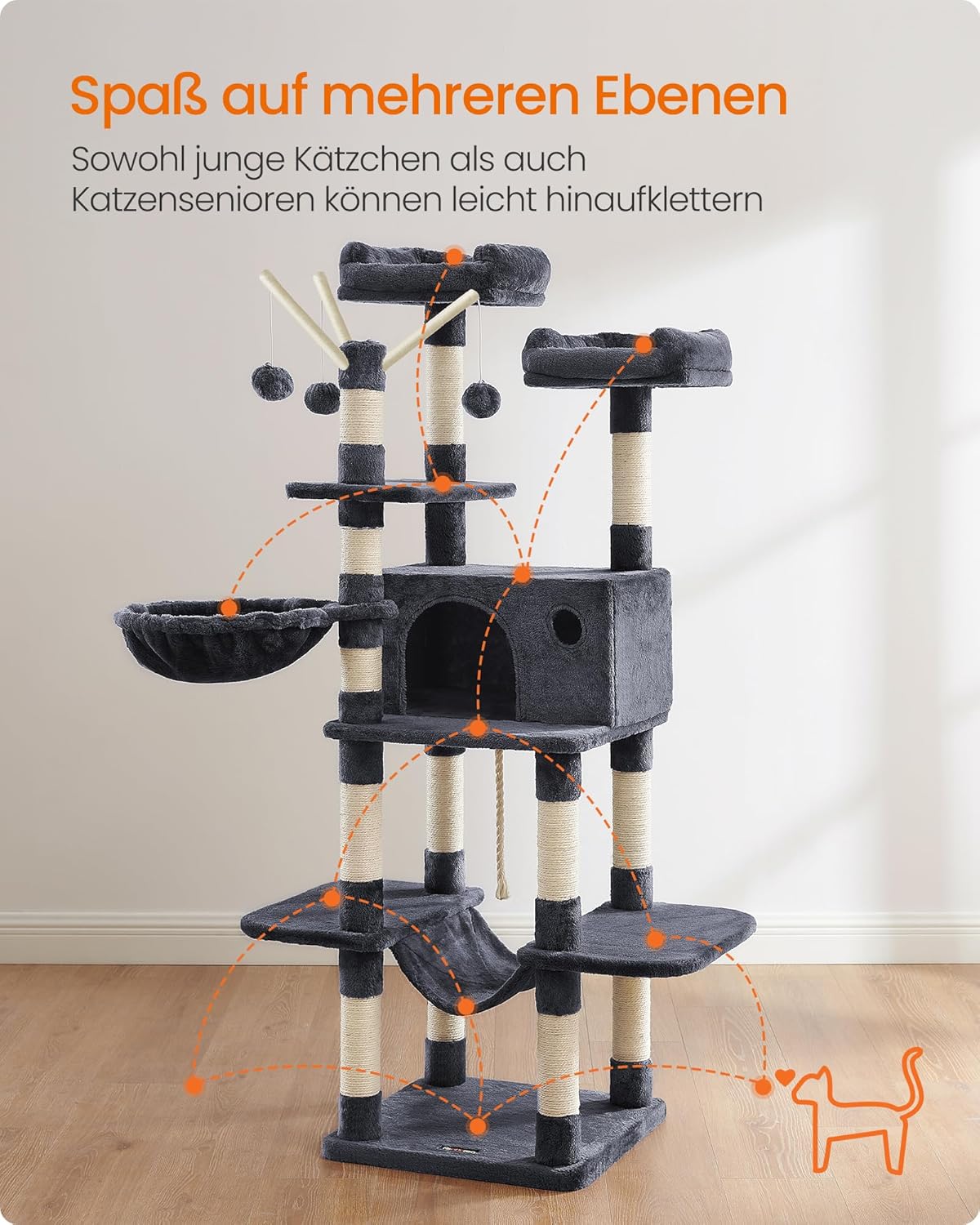 Kratzbaum XXL 164 cm Katzenbaum Rauchgrau von Songmics