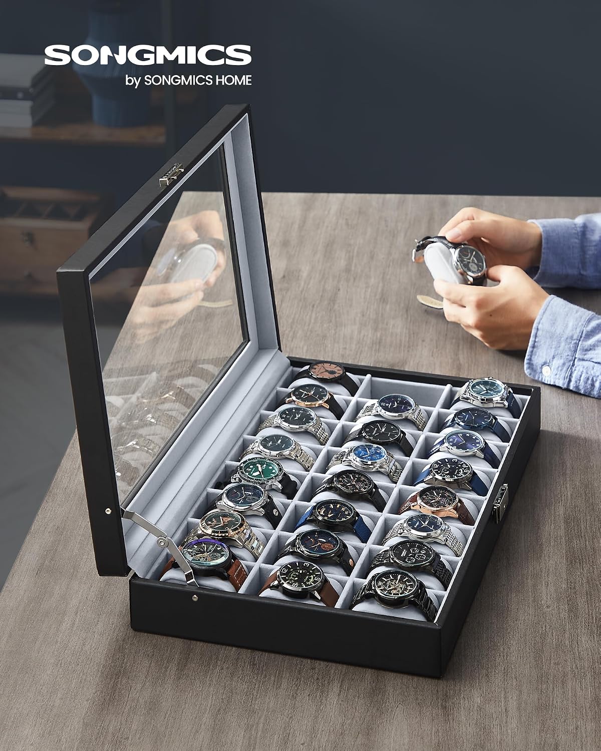 Uhrenbox 24 Fächer Uhrenkoffer mit Glasdeckel Schwarz von Songmics