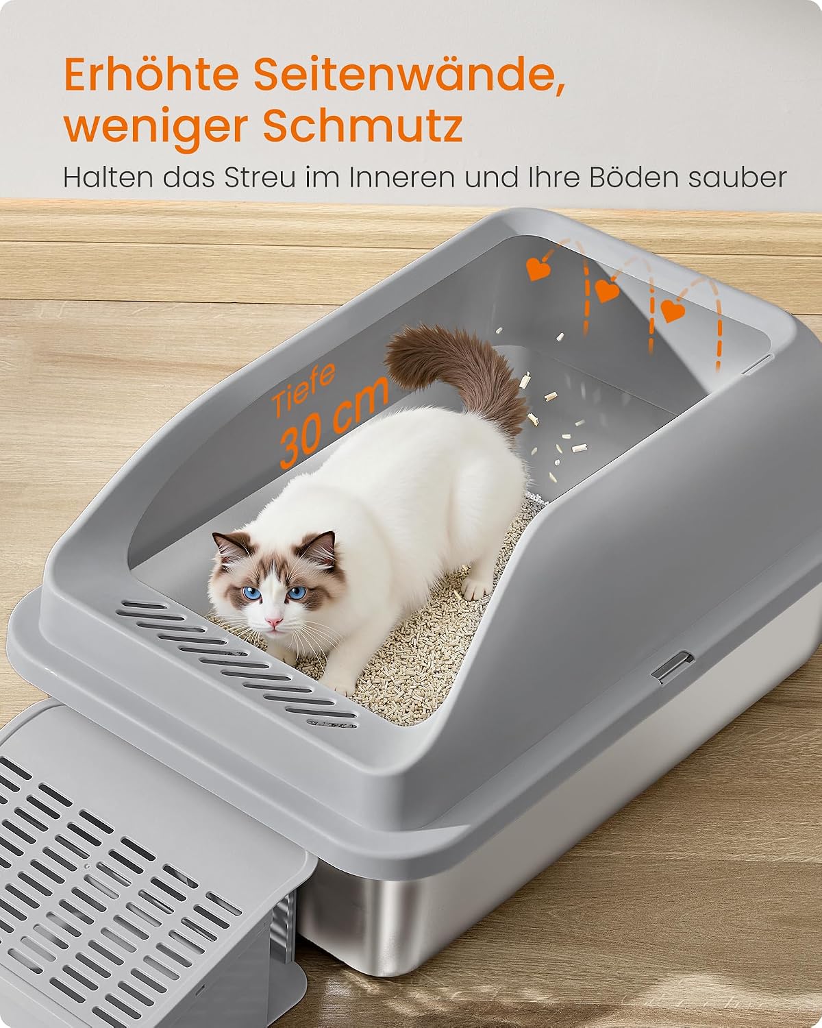 Katzentoilette Edelstahl 62x42x30 cm Schiefergrau von Songmics