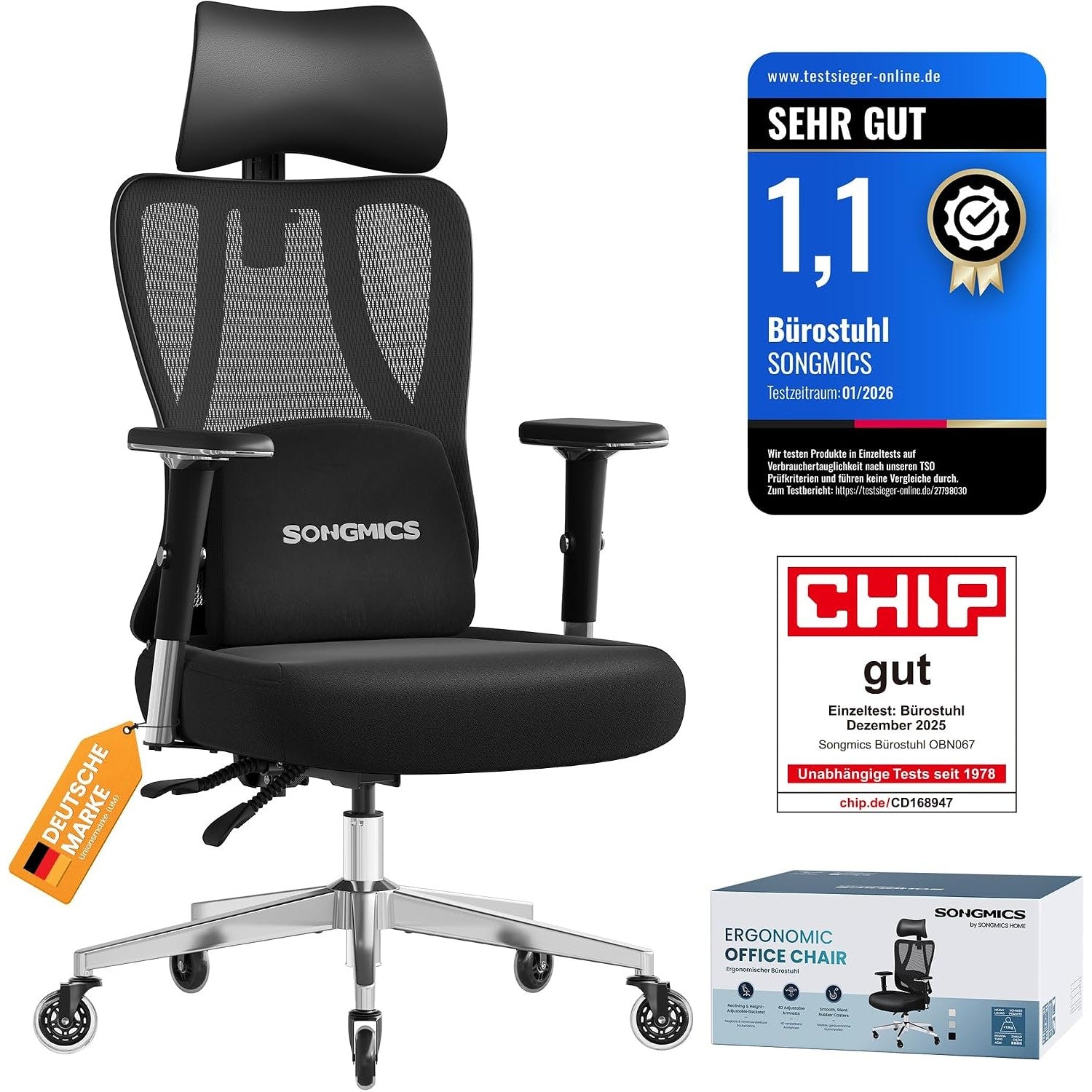 Ergonomischer Bürostuhl mit Kopf- und Lordosenstütze von Songmics