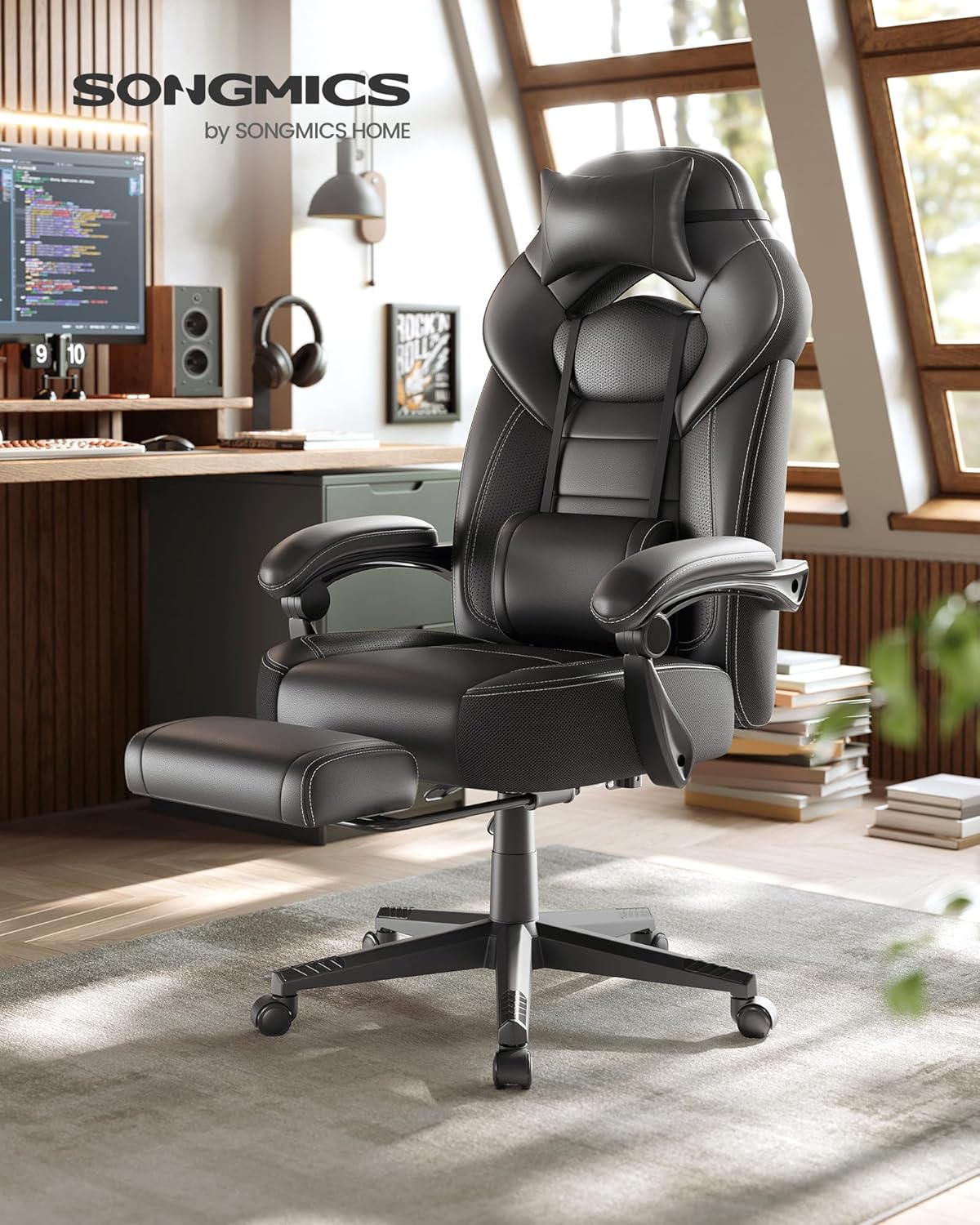 Gaming Stuhl mit Fußstütze und Lendenkissen bis 150 kg von Songmics