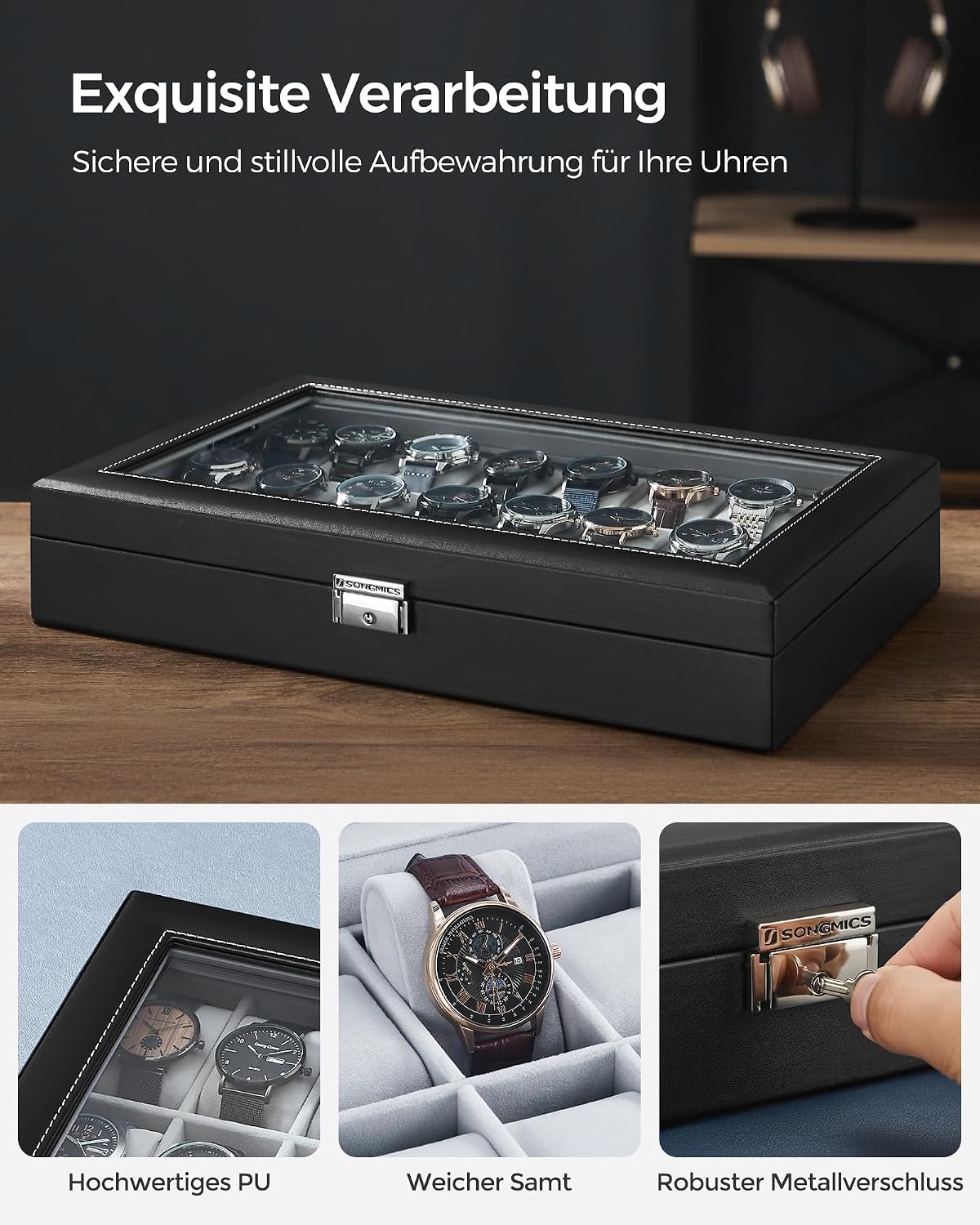 Uhrenbox 24 Fächer Uhrenkoffer mit Glasdeckel Schwarz von Songmics