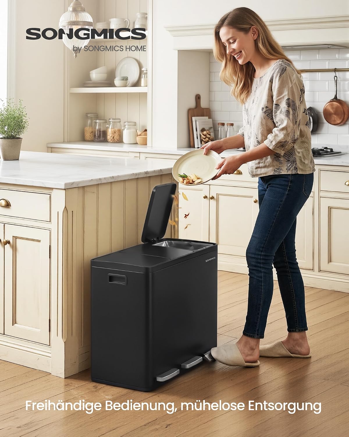 Mülltrennsystem 3 Fächer 54 l Treteimer Schwarz von Songmics