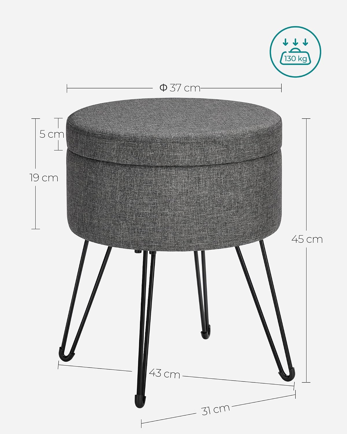 Sitzhocker mit Stauraum 13,4 l rund Taubengrau von Songmics