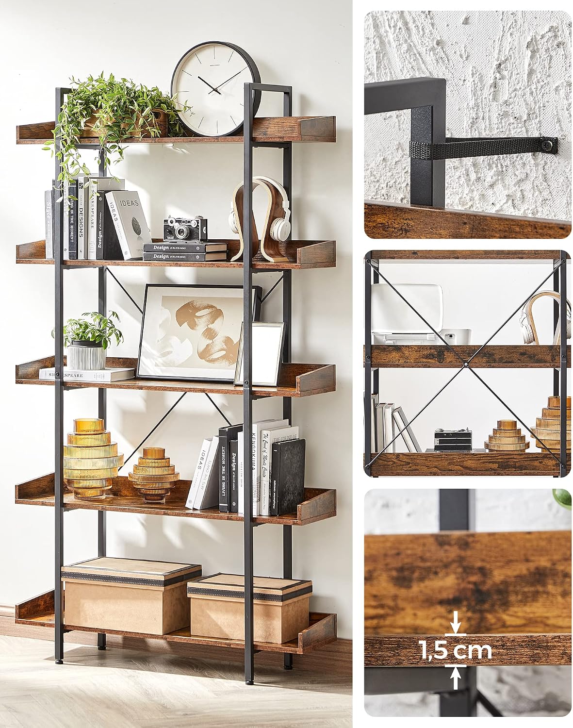 Bücherregal 5 Ebenen 100x28x178 cm Industrial Braun von Songmics