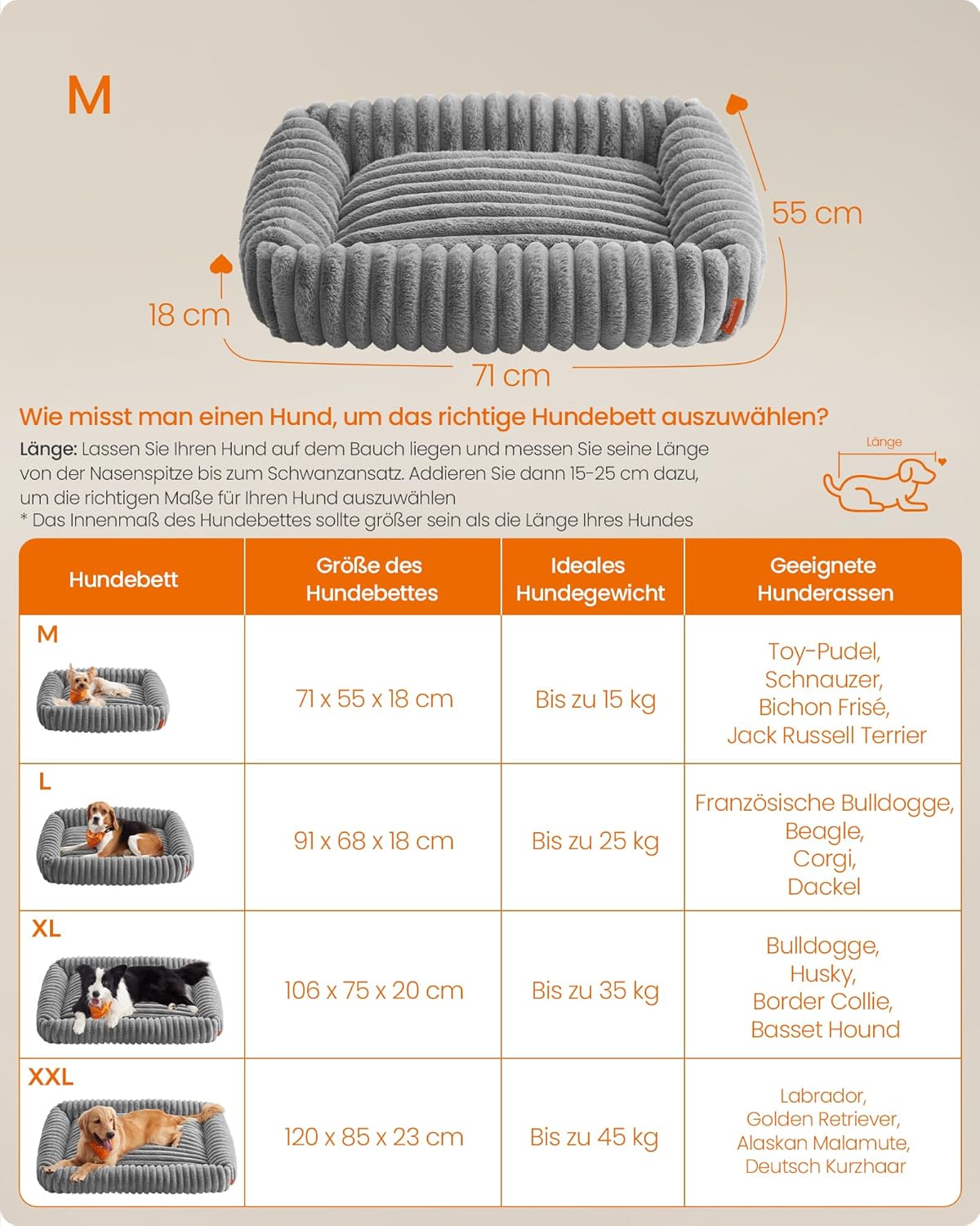 Orthopädisches Hundebett waschbar flauschig 71x55cm grau von Songmics