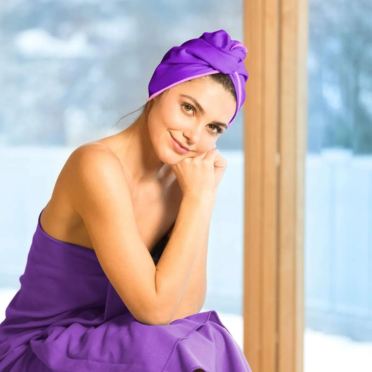 Haarturban Mikrofaser mit Knopf schnelltrocknend Violett von guteszeug.ch