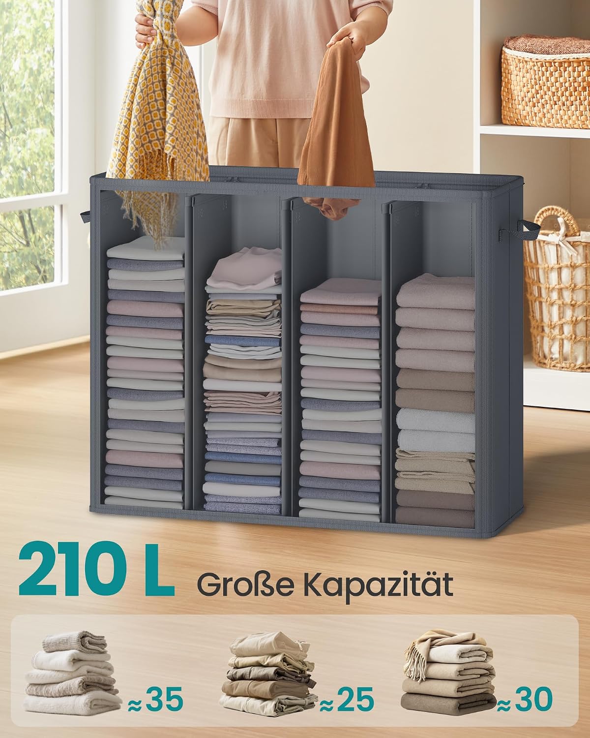 Wäschekorb 210 l 4 Fächer mit Deckel Dunkelgrau von Songmics