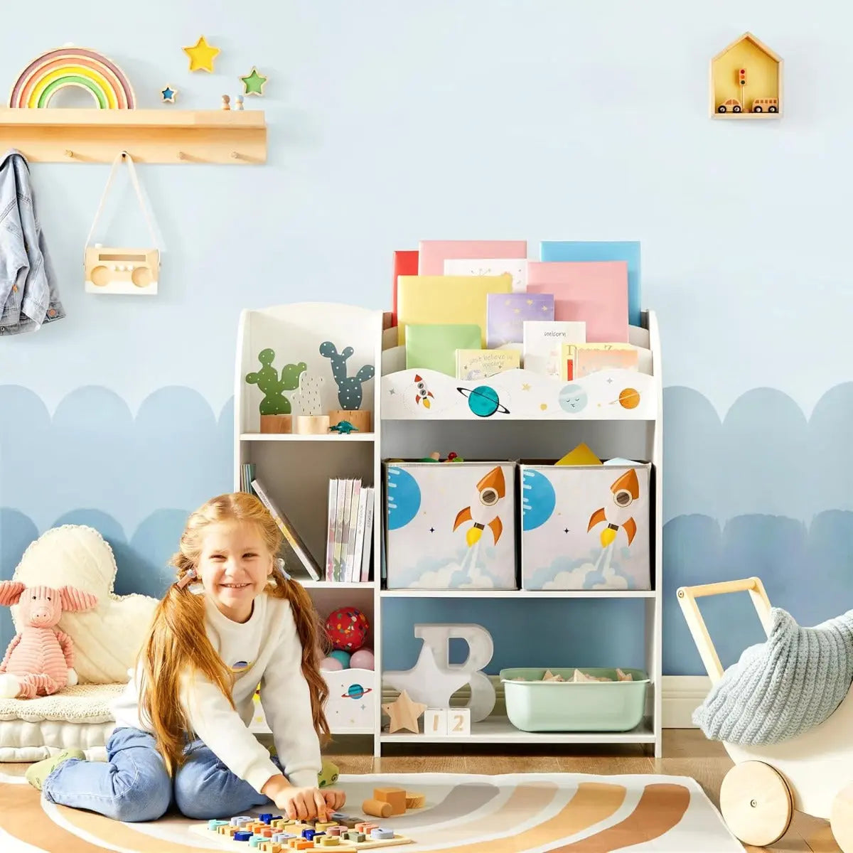 Kinderregal Spielzeugorganizer Bücherregal Weltall Weiss von Songmics