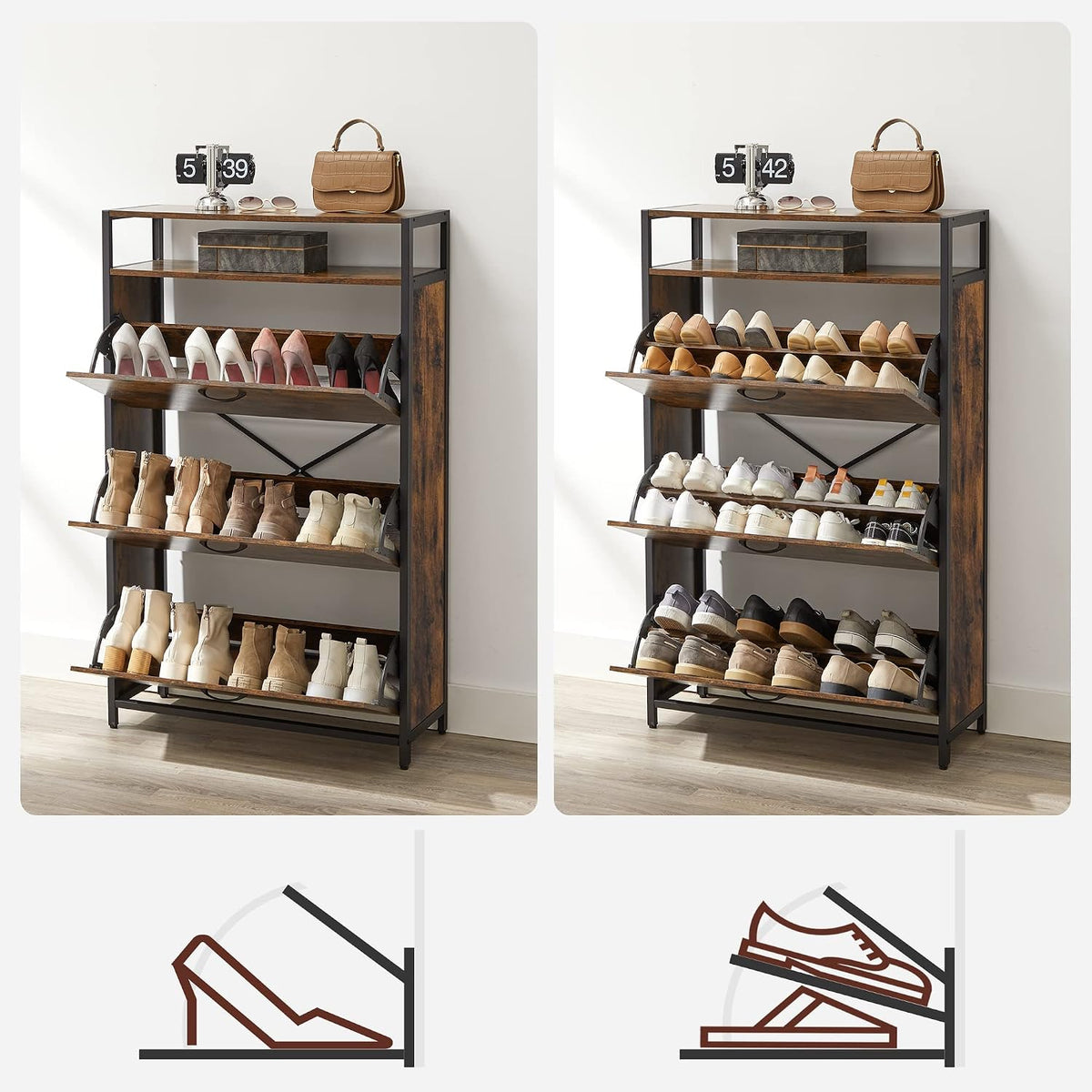 Schuhschrank 3 Fächer 80x30x131 cm Industrial Braun von Songmics