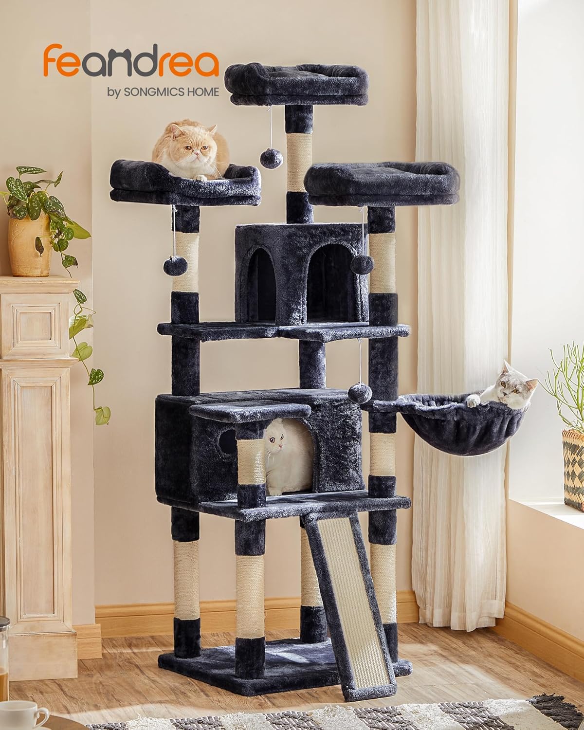 Kratzbaum XXL 169 cm Katzenbaum Rauchgrau von Songmics