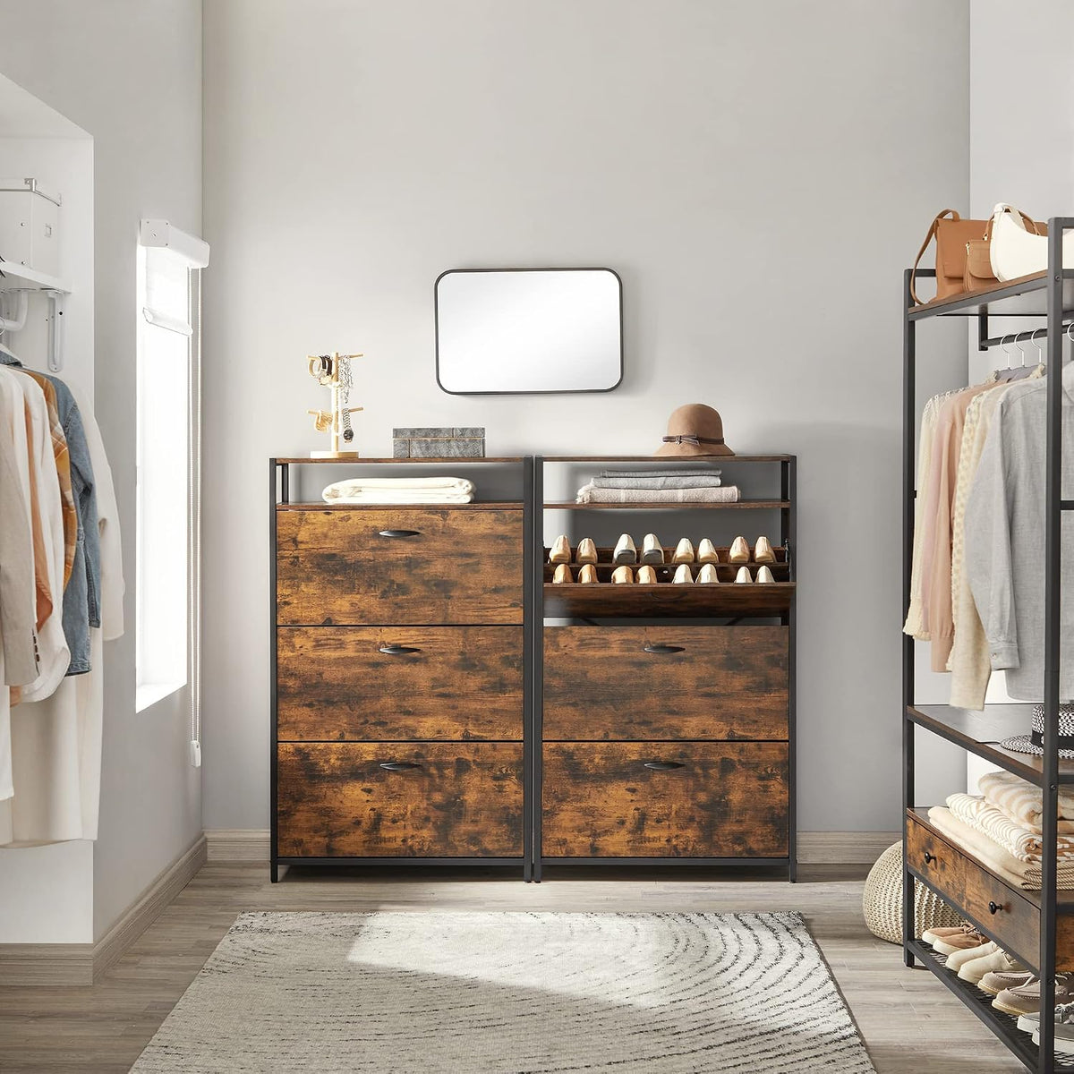 Schuhschrank 3 Fächer 80x30x131 cm Industrial Braun von Songmics