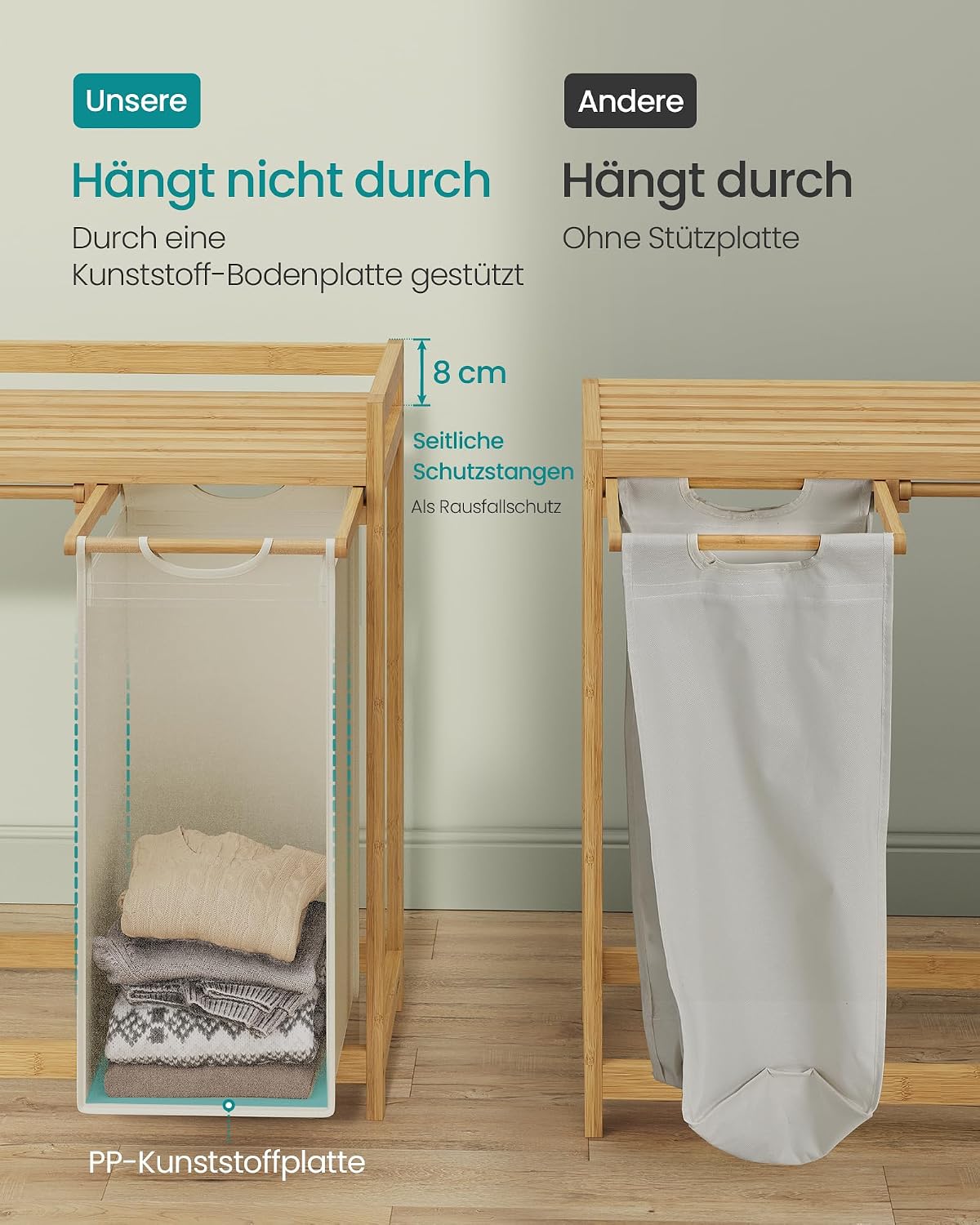 Wäschesortierer 4 Fächer 200 l Bambus Naturbeige von Songmics