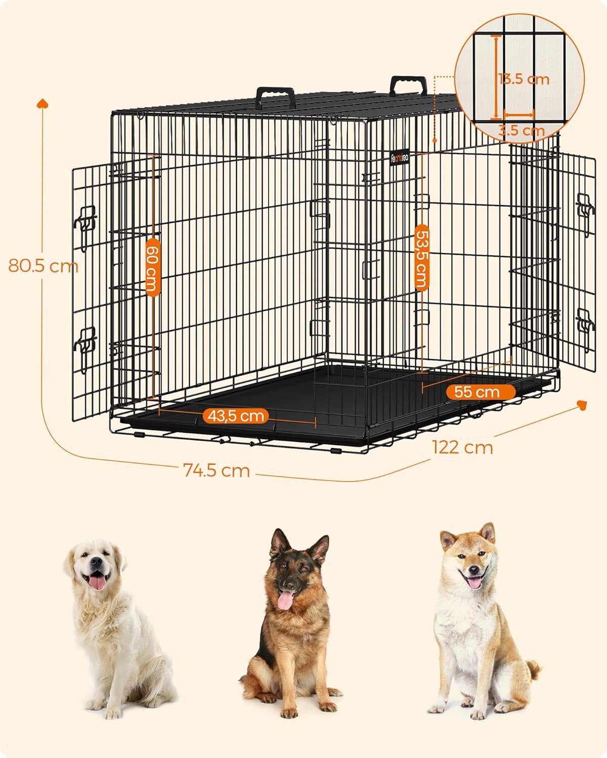 Faltbare Hundebox mit 2 Türen 122x74x80 cm Schwarz von Songmics