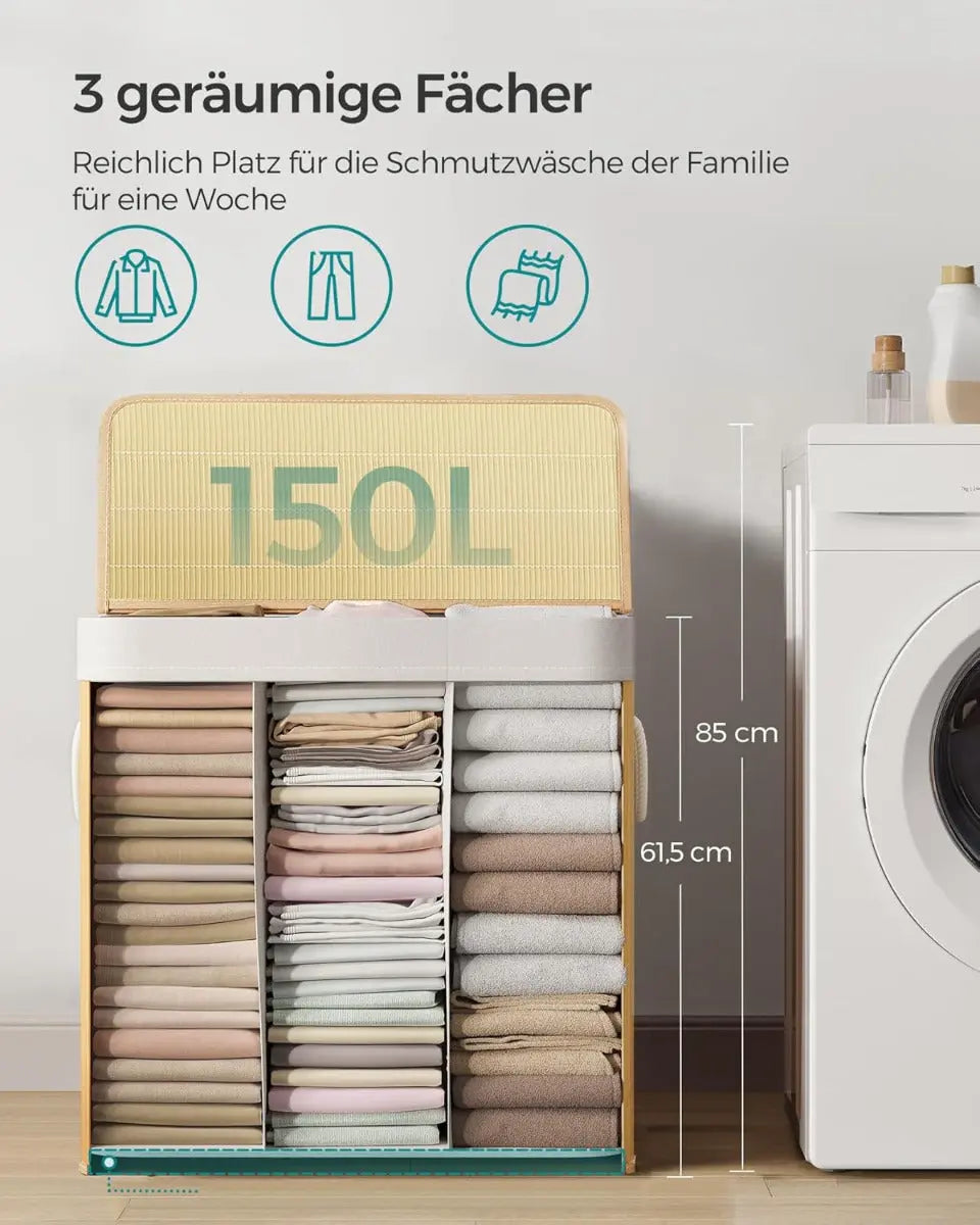 Wäschekorb Wäschebox Bambus 3 Fächer faltbar mit Griffen Naturfarbe von Songmics