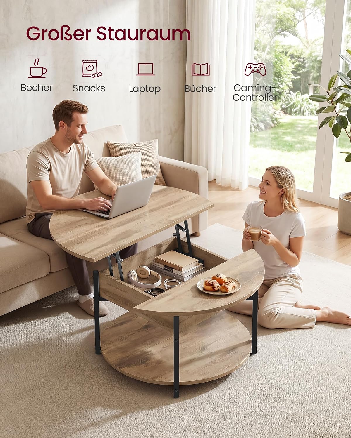 Couchtisch 80 cm rund Hebeplatte Ablage Kamelbraun von Songmics