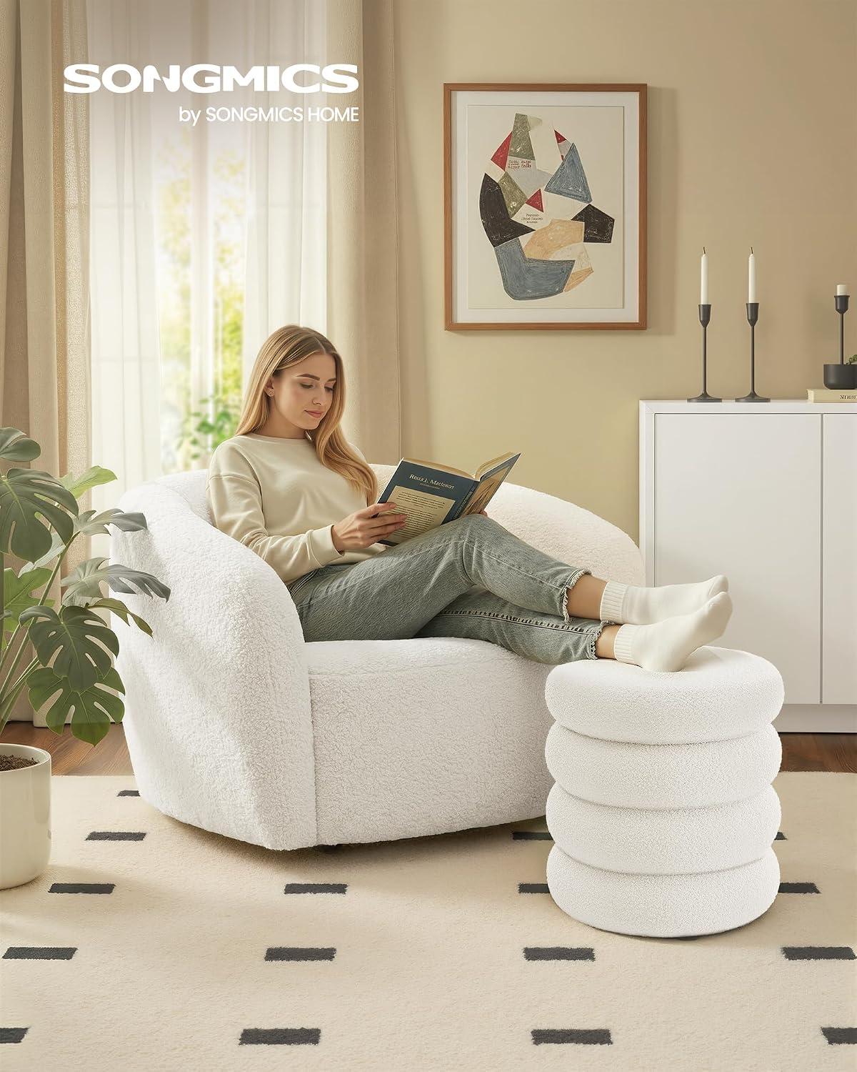 Sitzhocker Pouf mit Stauraum 43x43x47 cm Cremeweiss von Songmics
