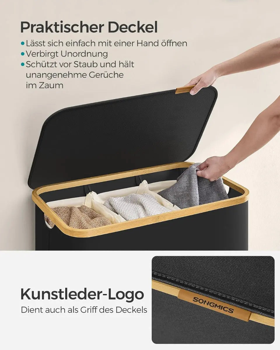 Wäschekorb Wäschesammler 3 Fächer Bambus 150l Schwarz von Songmics