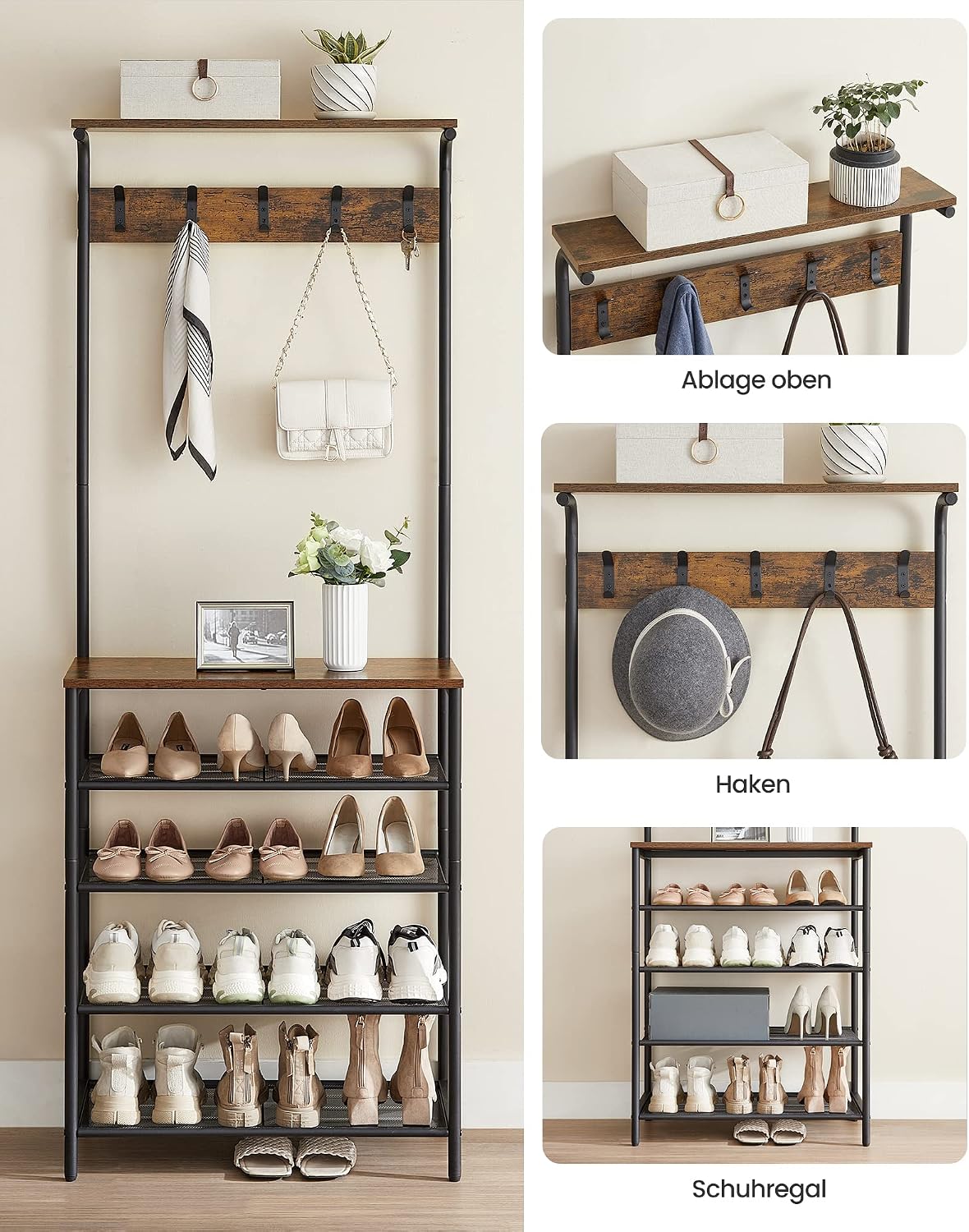 Garderobe Kleiderständer Schuhregal 68x31x183 cm Braun von Songmics