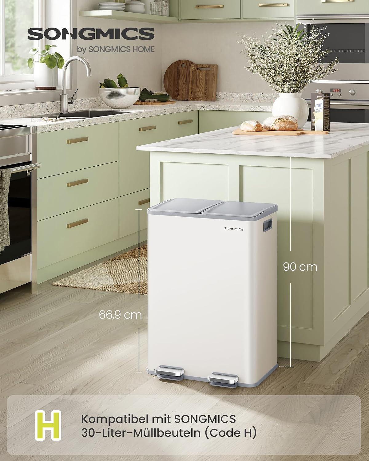 Abfalleimer 60 l 2 Fächer Treteimer Mülltrennung Weiss von Songmics