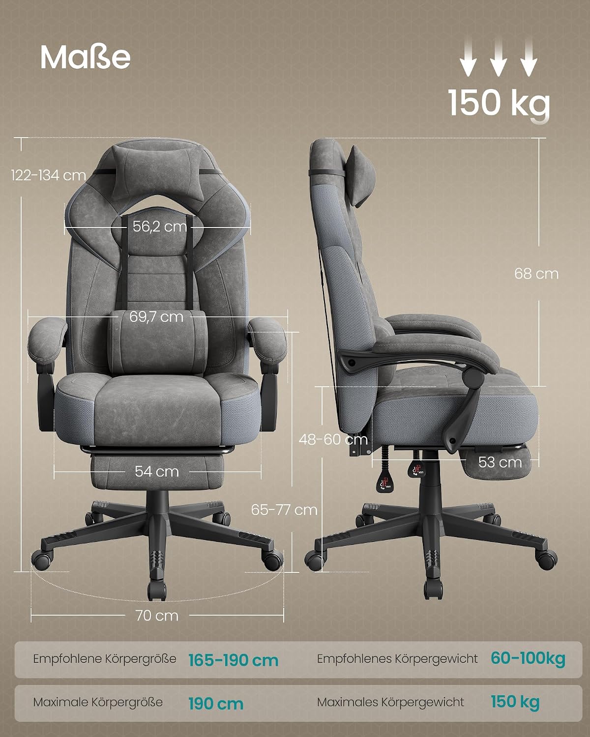 Gamingstuhl ergonomisch 150 kg Schiefergrau Fussstütze von Songmics