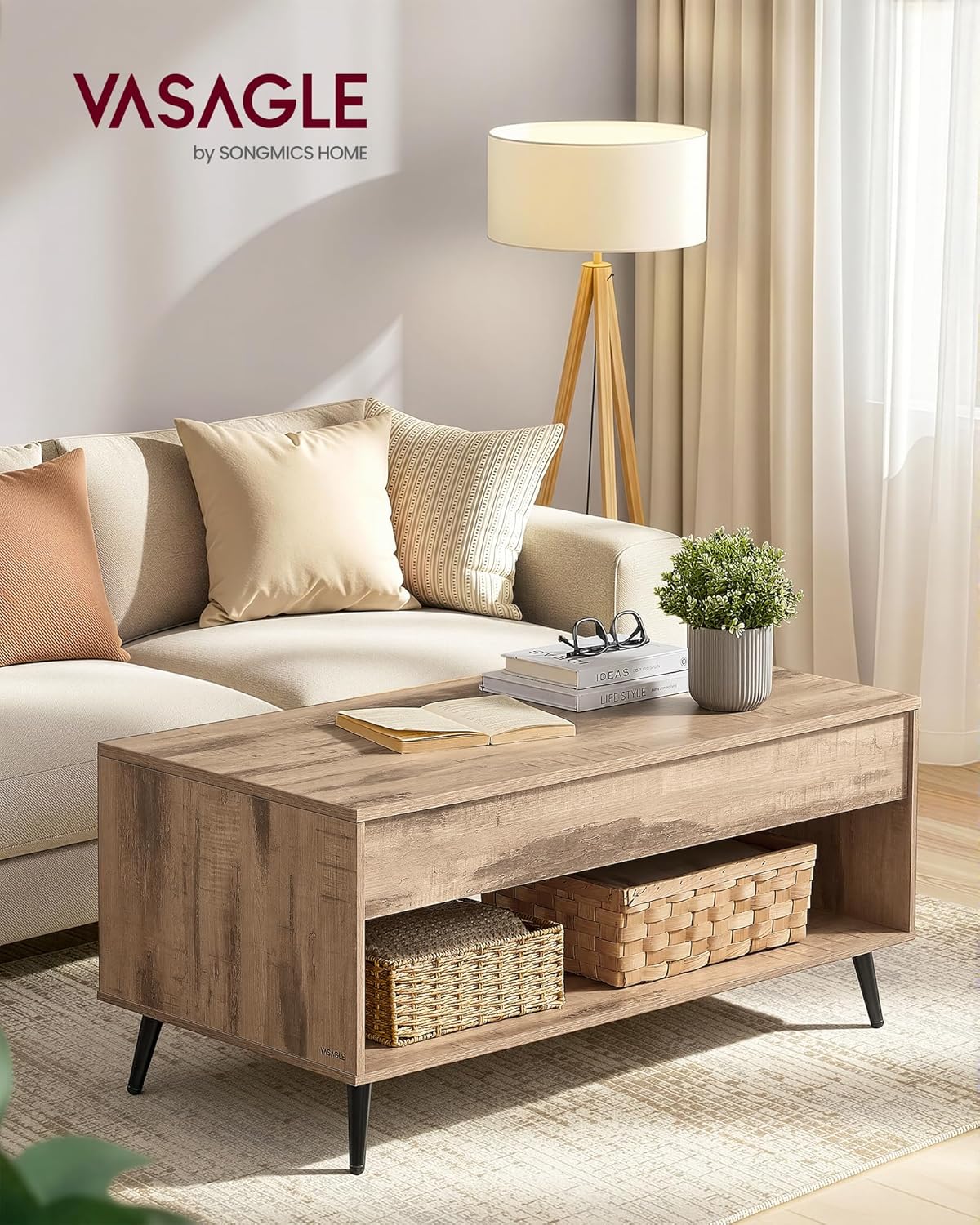 Couchtisch Lift-Top höhenverstellbar Kamelbraun 100x50x45 cm von Songmics