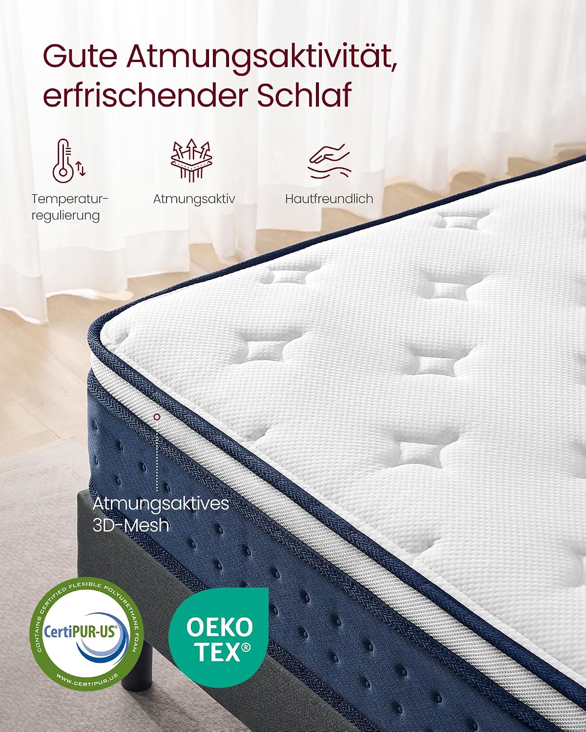 Hybridmatratze 90x200 cm 7 Zonen Taschenfedern Quarzblau von Songmics
