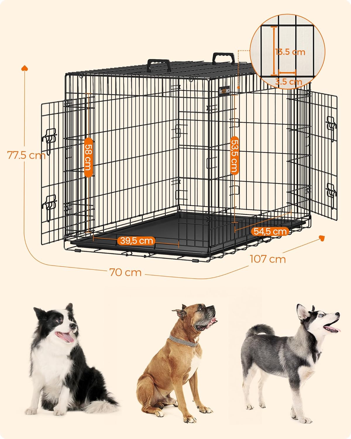 Hundekäfig XL klappbar 2 Türen schwarz 107x70x77,5 cm von Songmics
