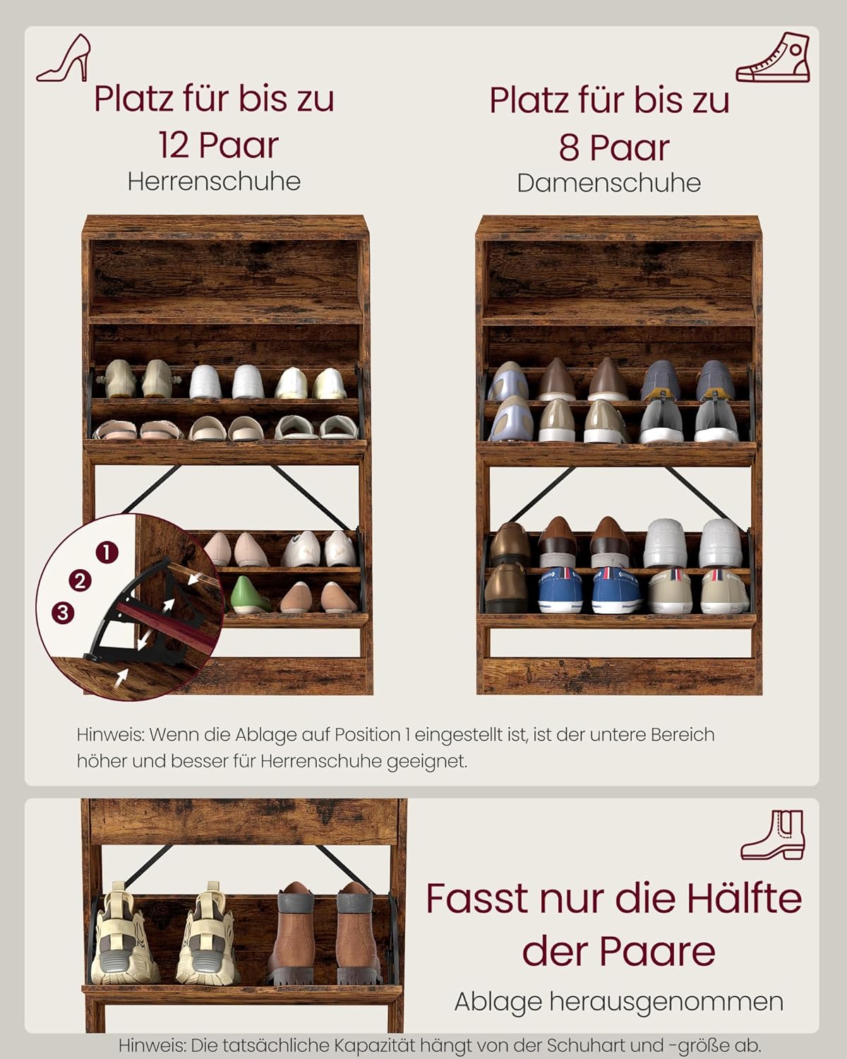 Schuhschrank 2 Klappen verstellbar 8-12 Paar vintagebraun von Songmics