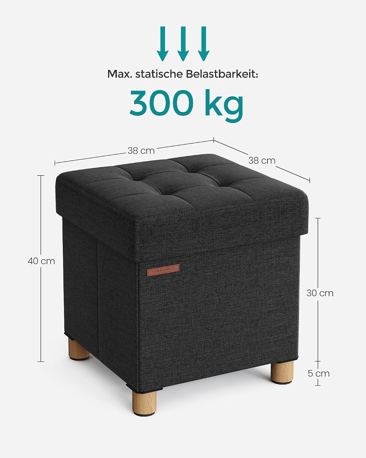 Sitztruhe 38x38x40 cm Sitzbox 37 l Stauraum Schwarz von Songmics