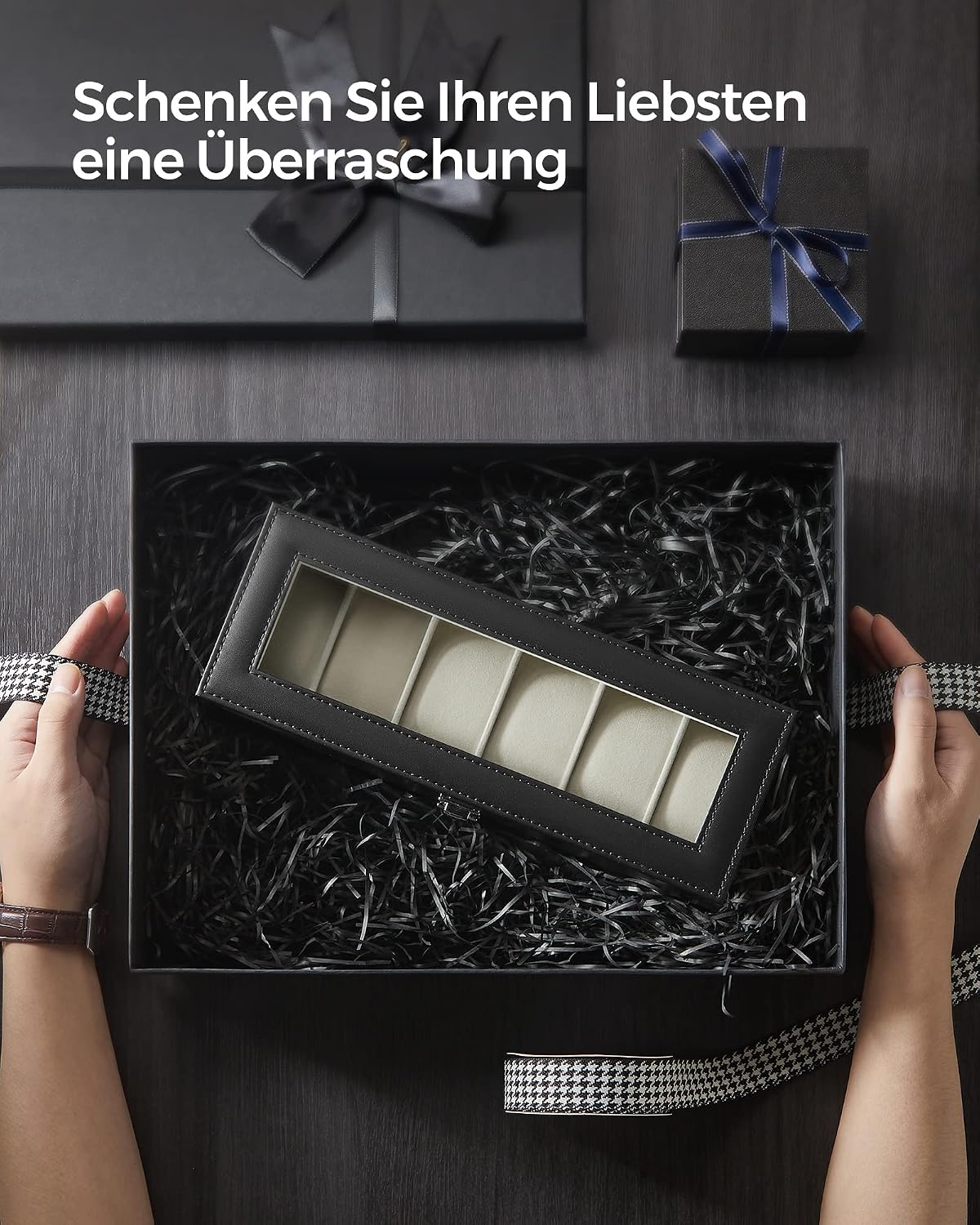Uhrenbox 6 Fächer Uhrenorganizer Schwarz mit Glasdeckel von Songmics