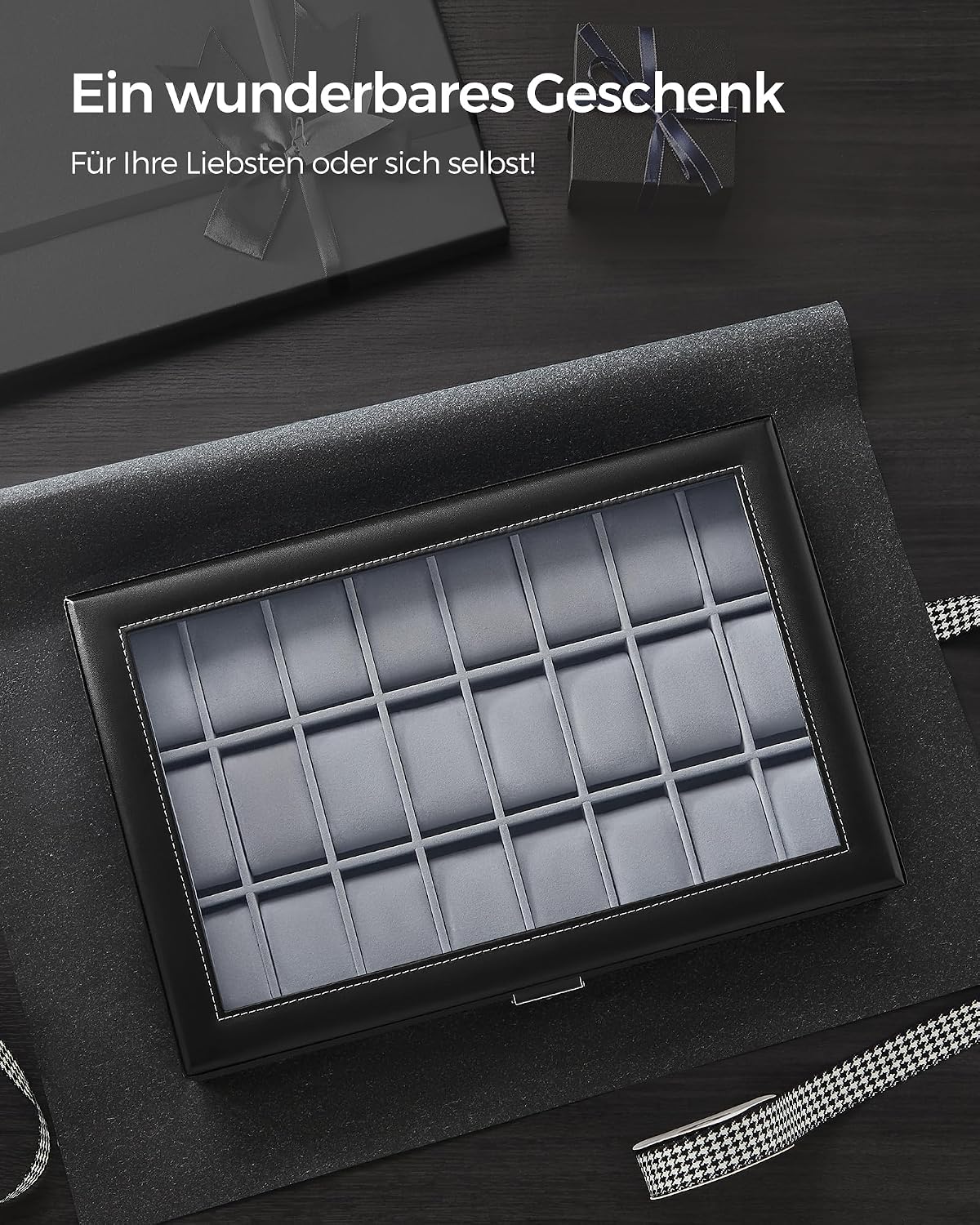 Uhrenbox 24 Fächer Uhrenkoffer mit Glasdeckel Schwarz von Songmics