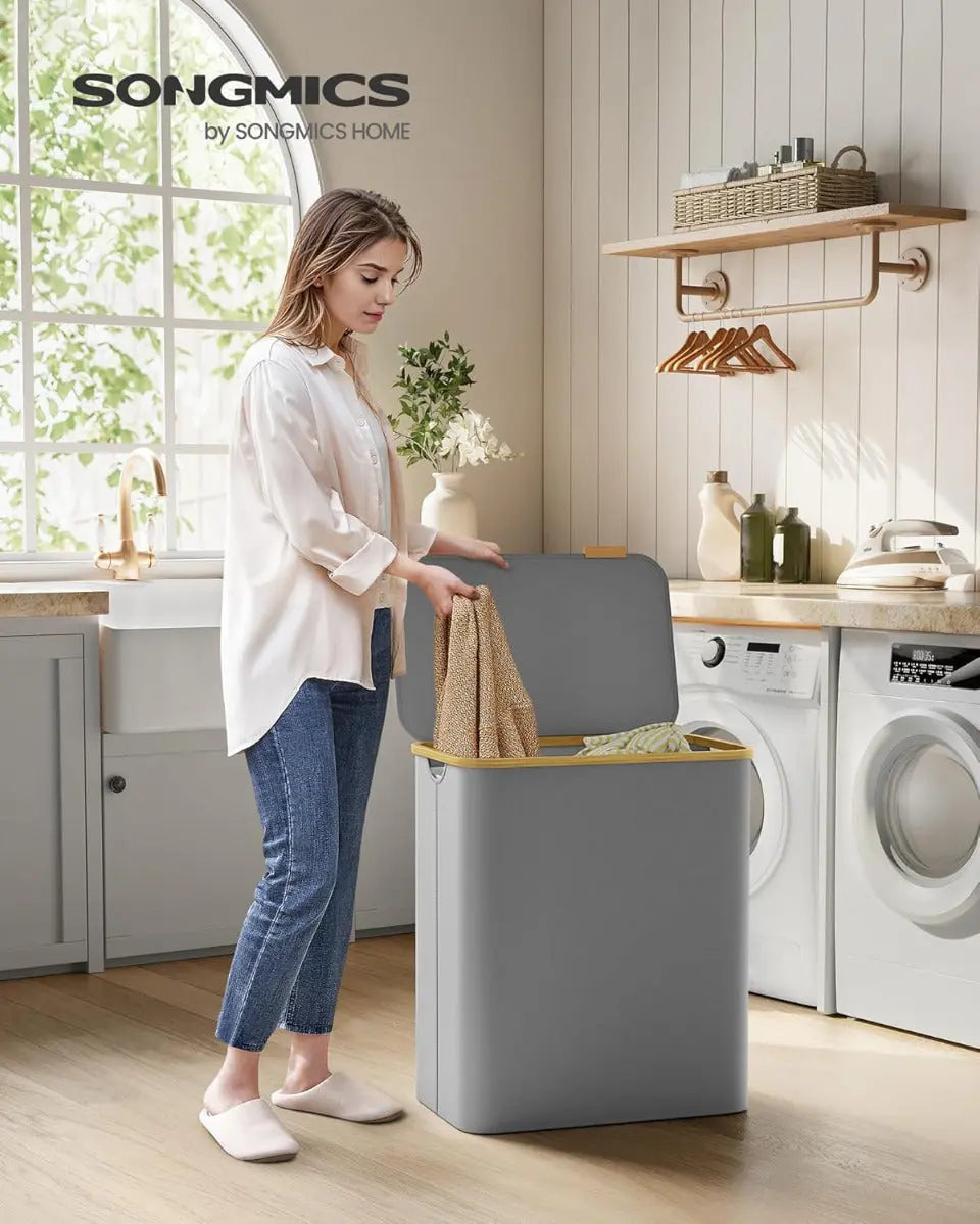 Wäschekorb Wäschesammler 3 Fächer Bambus 150l Grau von Songmics